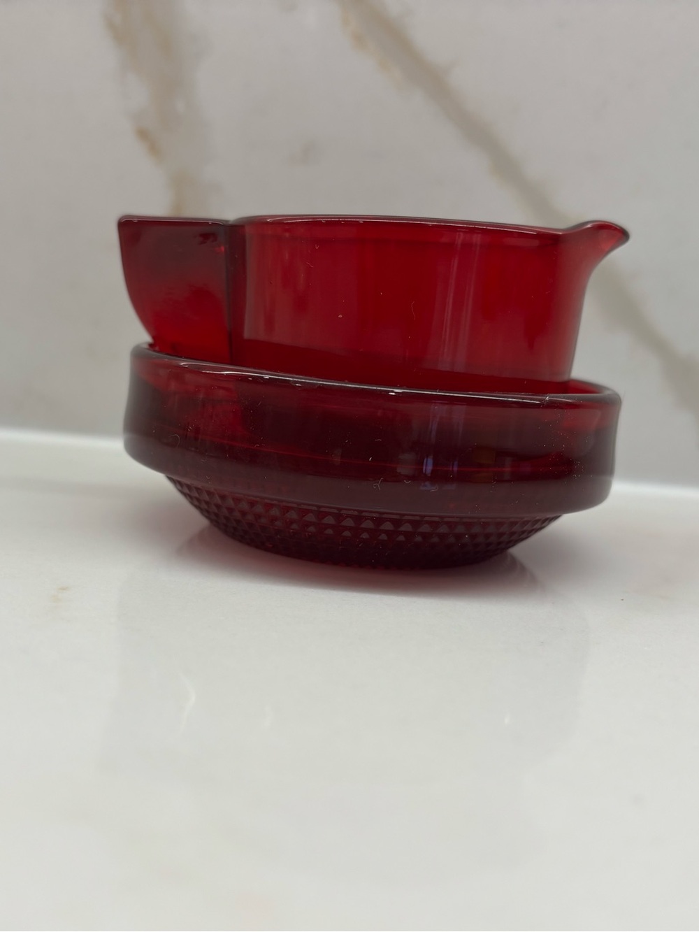 Vintage Ruby Red Paden City “Penny Line” Depression Glass Creamer & Dish Set